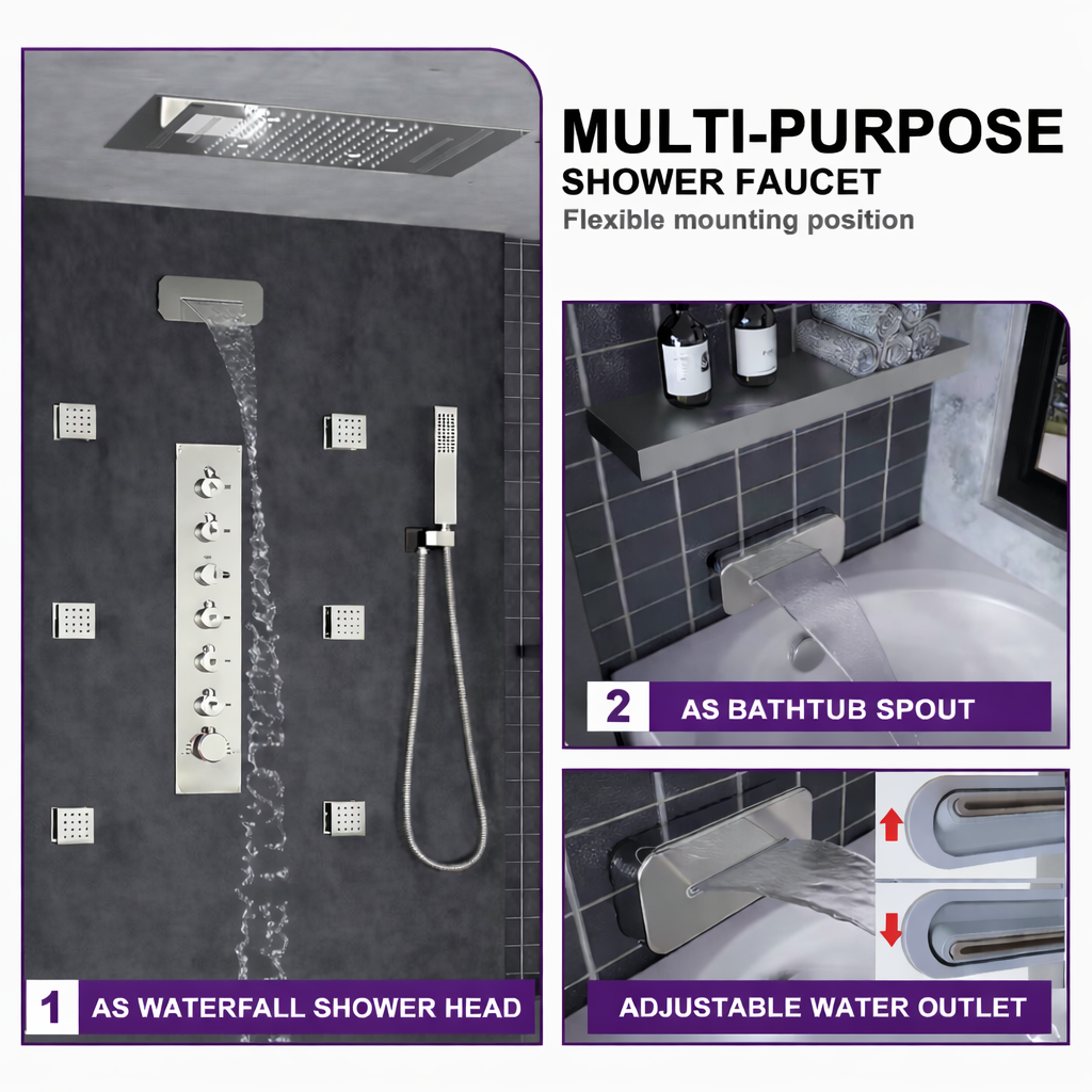 Brushed nickel water spout integrated into luxury thermostatic shower system