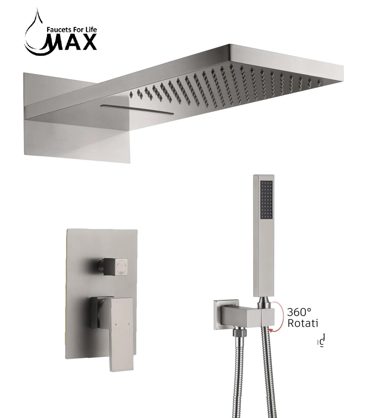 Brushed nickel waterfall and rainfall shower system with handheld and 3 functions