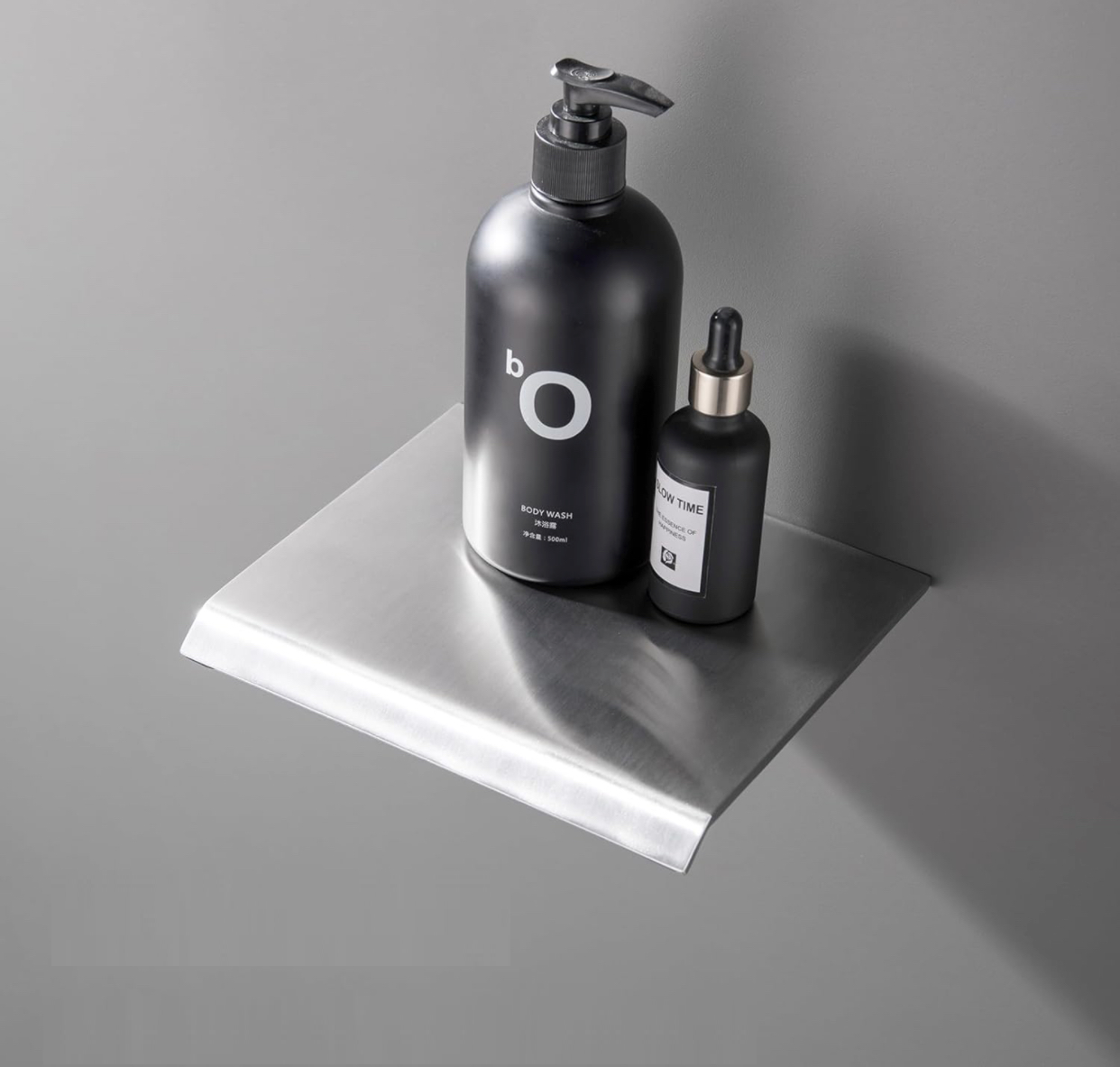 Brushed nickel waterfall tub spout with integrated shelf design for bathroom accessories
