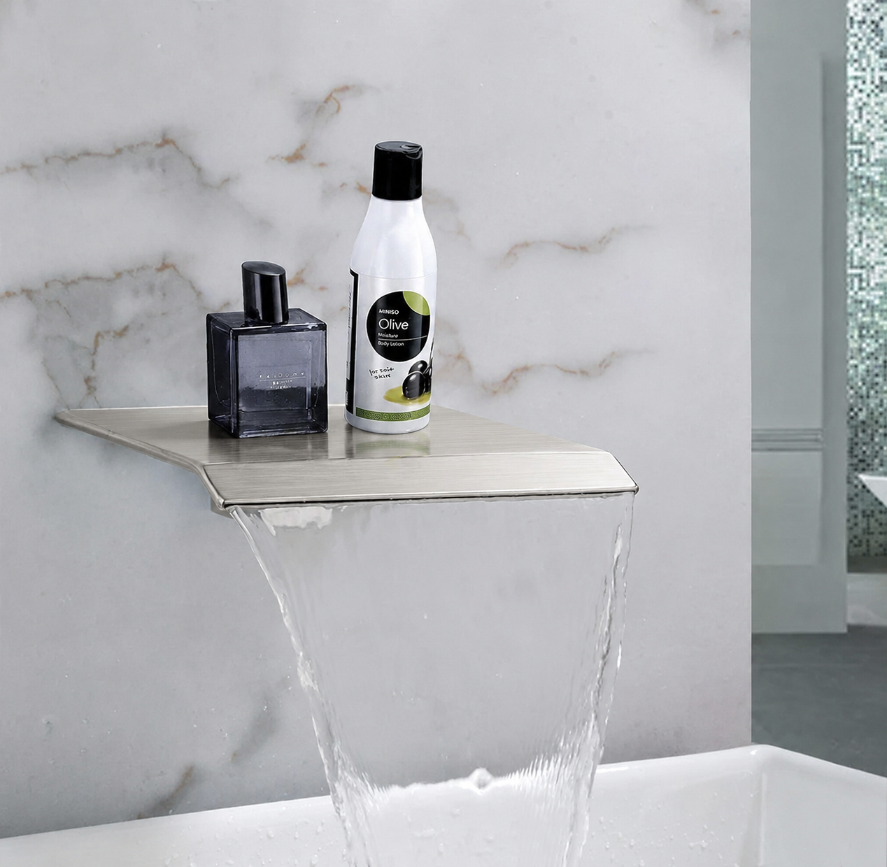 Bathroom setting with a water faucet and toiletries on a marble surface.