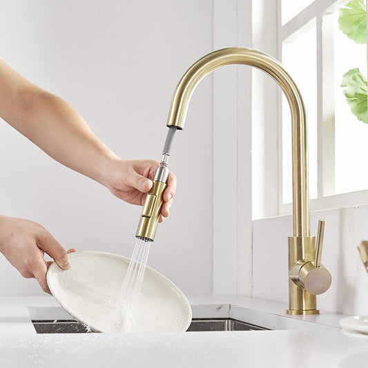 Smart Touch Kitchen Faucet Single Handle Pull-Out Brushed Gold Finish.