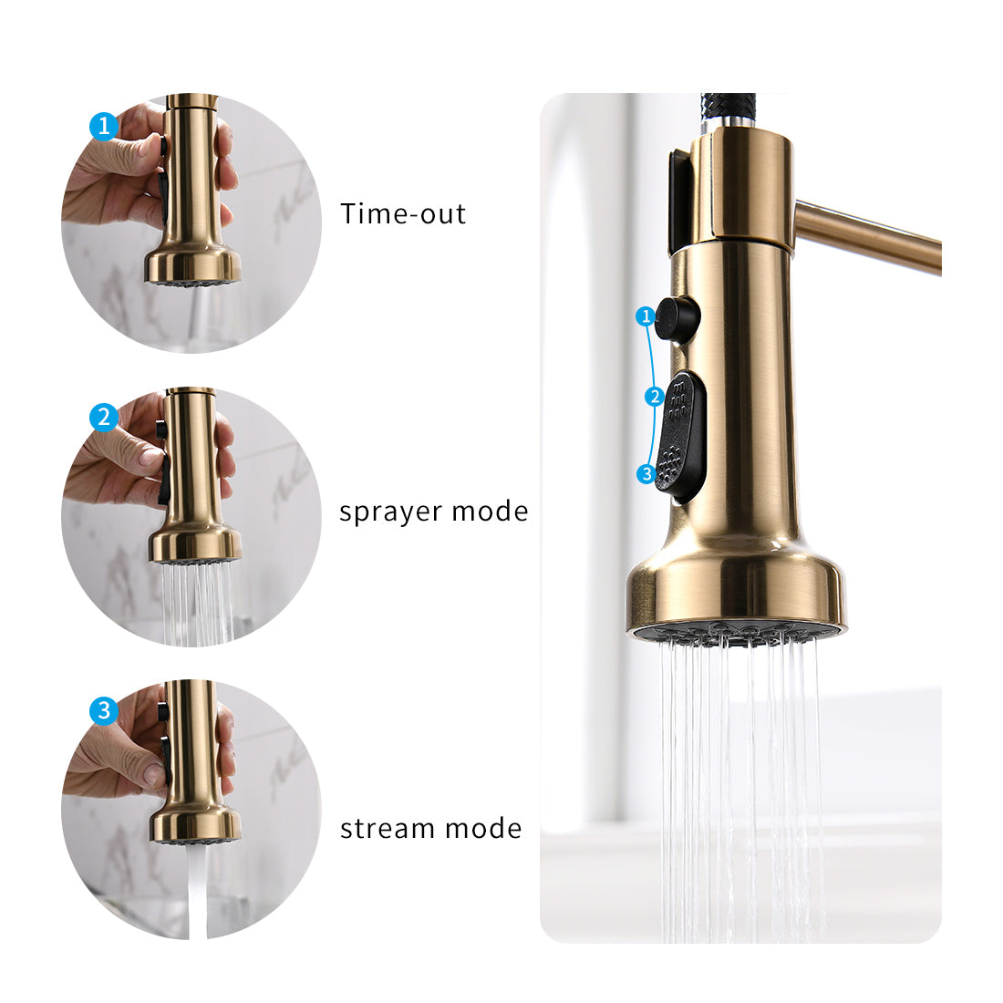 MAX Faucets | Pull-Down Spiral Flexible Kitchen Faucet – 16.5" Brushed Gold Finish