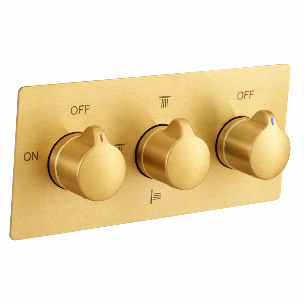 cUPC certified pressure balance valve with brushed gold control knobs