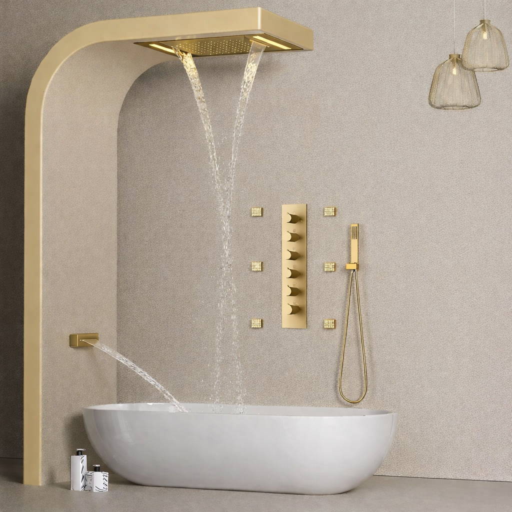 Ceiling mounted brushed gold shower system with LED shower head body jets handheld shower and water spout