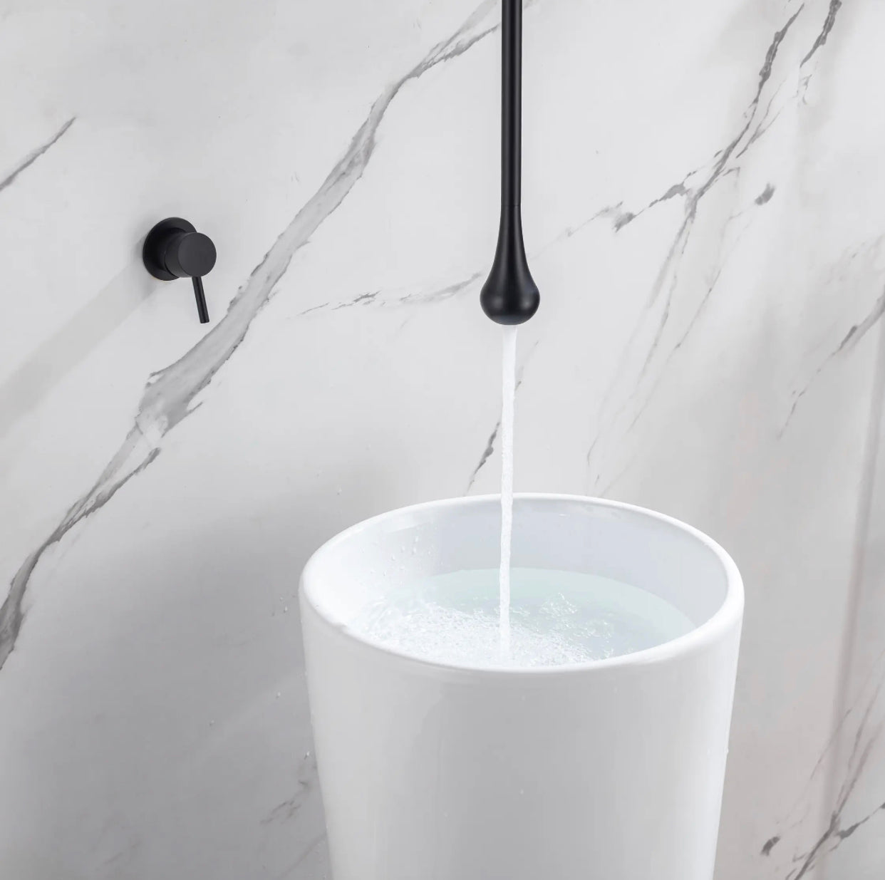 MAX Faucets ceiling-mounted bathroom faucet with wall-mounted control in a luxury contemporary bathroom