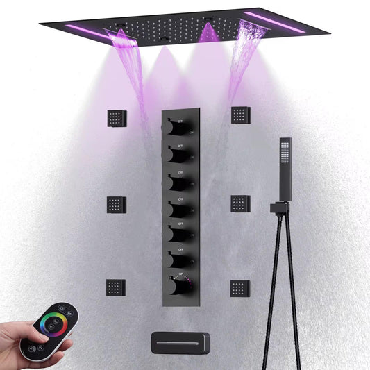 Ceiling mounted matte black shower system with LED shower head body jets handheld shower and water spout