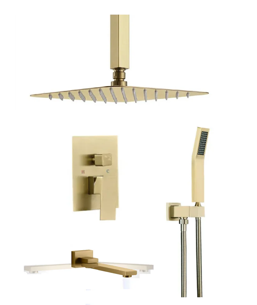 Brushed gold ceiling tub shower system with swirling spout and pressure balance valve