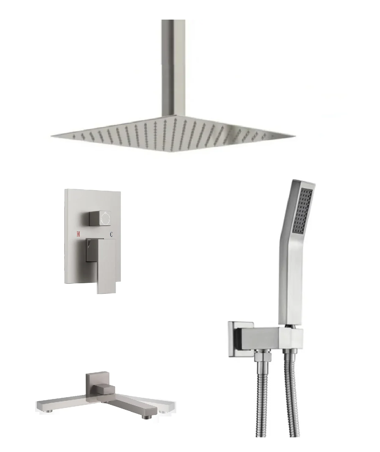 Brushed nickel ceiling tub shower system with swirling spout and pressure balance valve