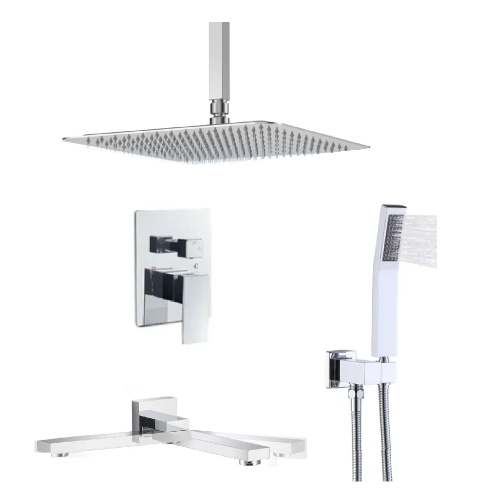 Chrome ceiling tub shower system with swirling spout and pressure balance valve