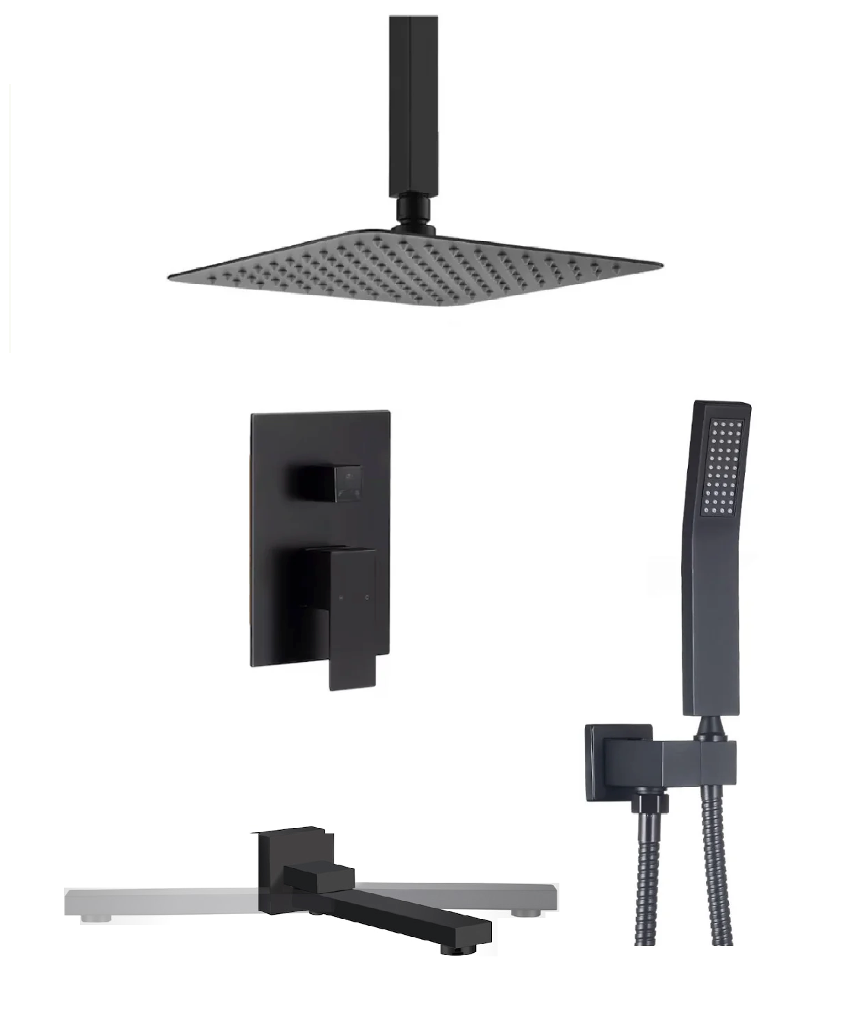 Matte black ceiling tub shower system with swirling spout and pressure balance valve