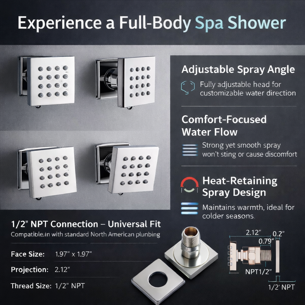 Adjustable chrome body jets for luxury shower system by MAX Faucets