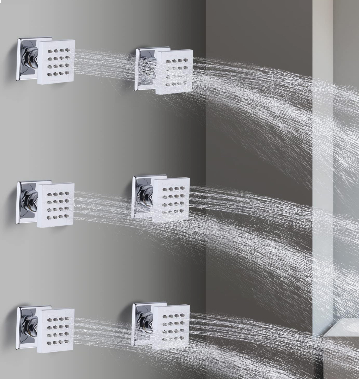 Modern spa bathroom with chrome rainfall shower system and body spray jets