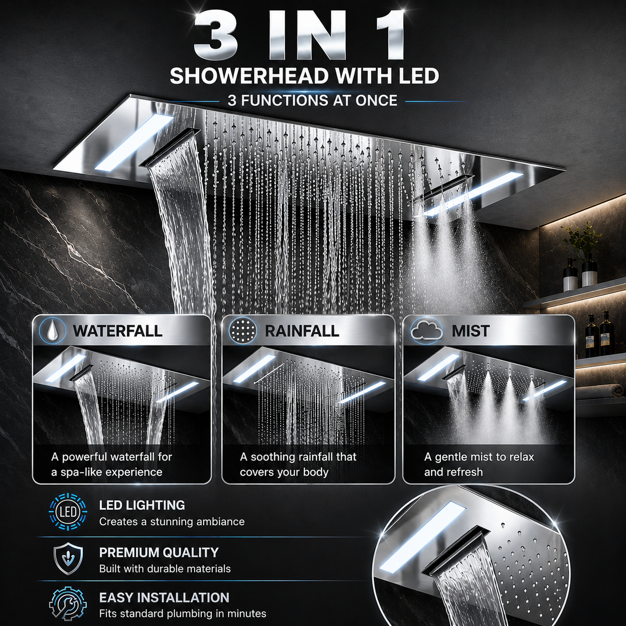 3-in-1 showerhead with LED lighting and multiple functions on a dark background