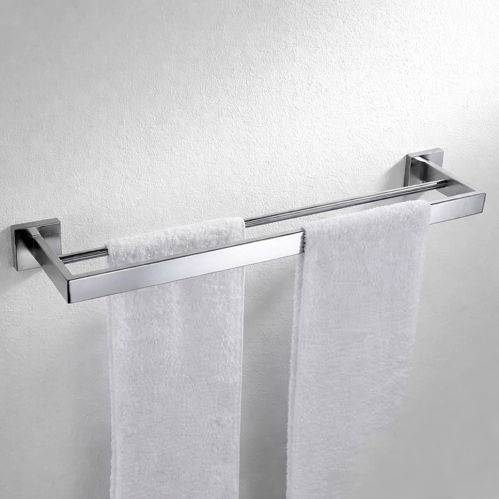 Chrome stainless steel double towel bar, 60cm wall-mounted bathroom rack by MAX Faucets holding two towels