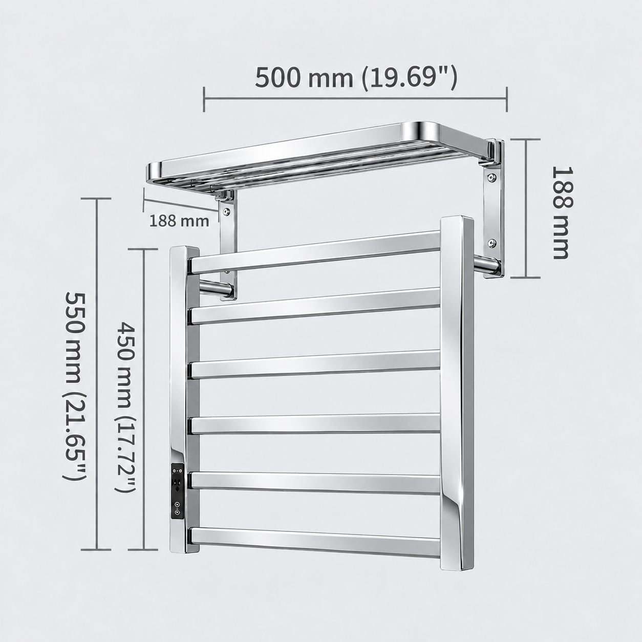A chrome towel rack with an integrated towel bar, shown with dimension lines and labels indicating measurements of 500 mm, 188 mm, 450 mm, and 550 mm on a light gray background.