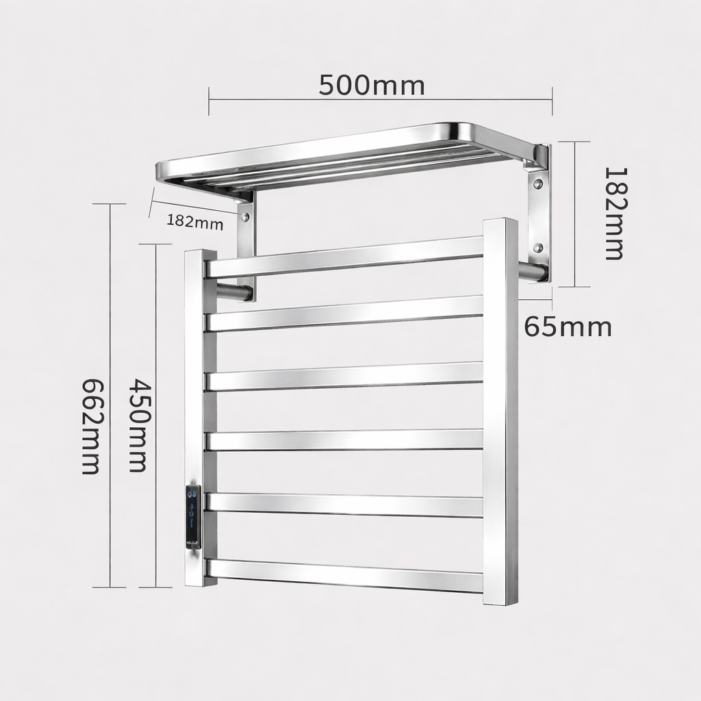 MAX Faucets Wall-Mounted Electric Towel Warmer Rack with Shelf – Modern Heated Bathroom Organizer (Chrome)
