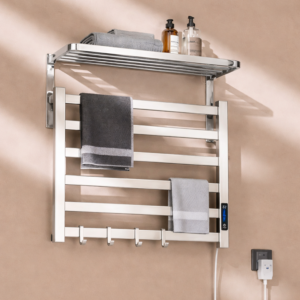 MAX Faucets Wall-Mounted Electric Towel Warmer Rack with Shelf – Modern Heated Bathroom Organizer (Chrome)