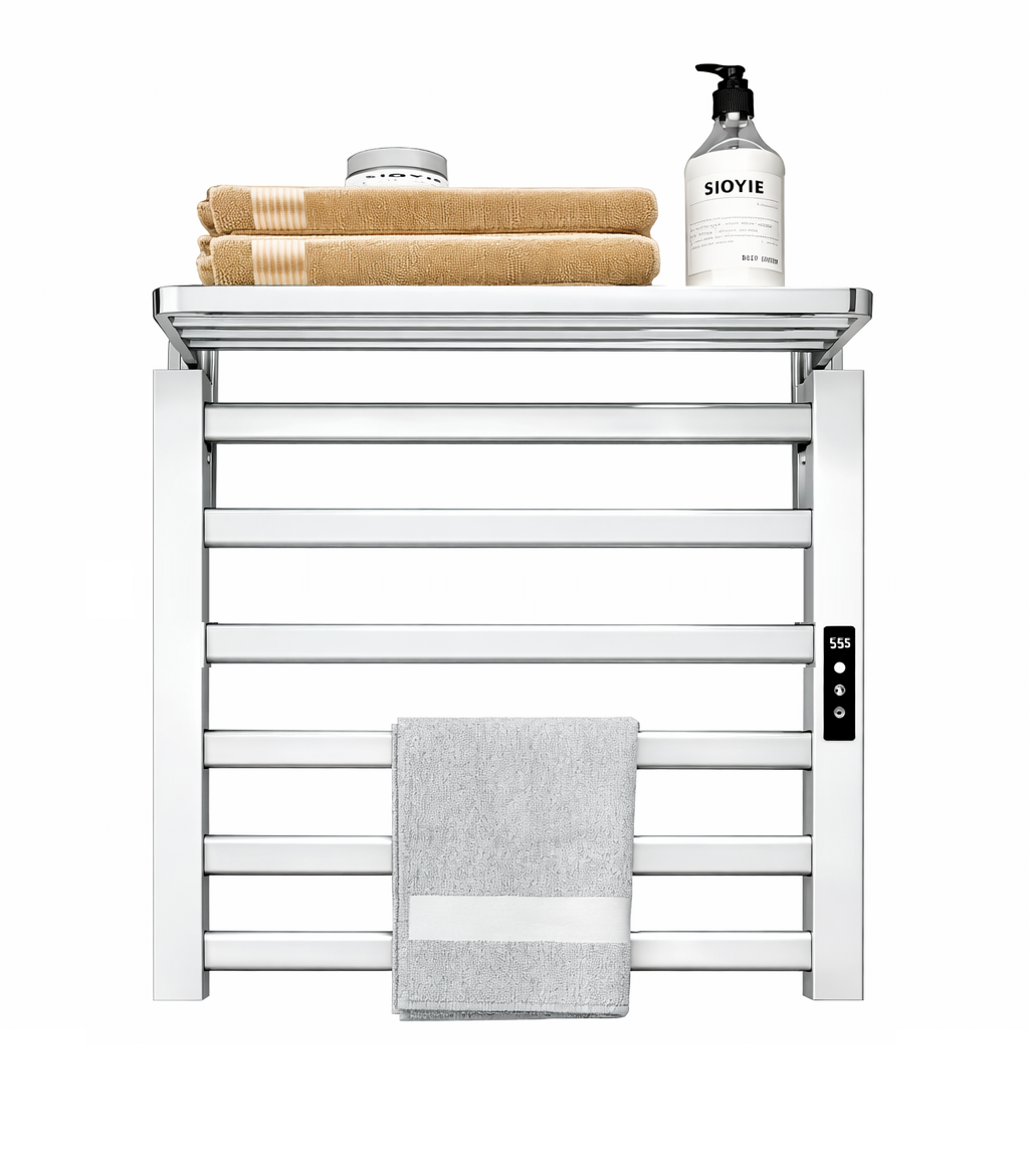 MAX Faucets Wall-Mounted Electric Towel Warmer Rack with Shelf – Modern Heated Bathroom Organizer (Chrome)