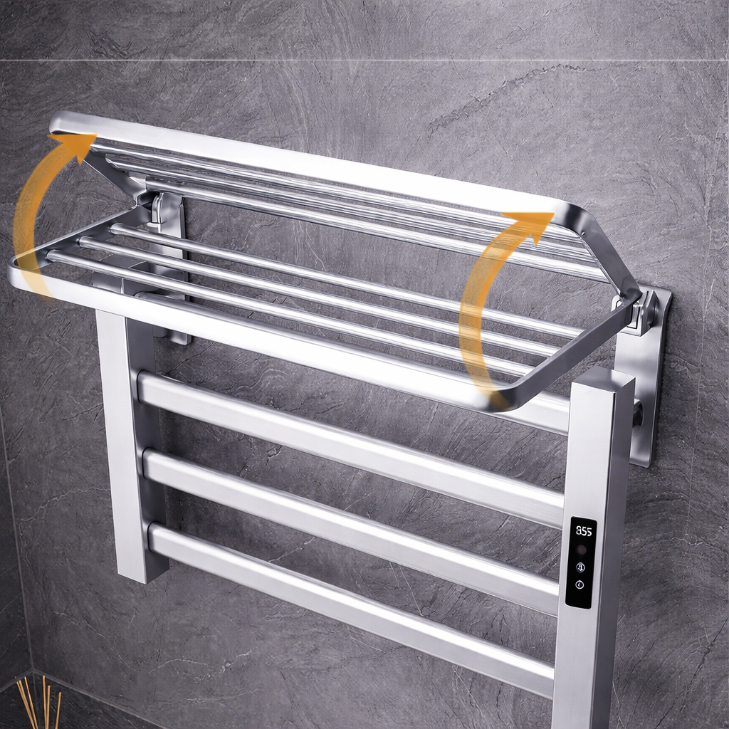 MAX Faucets Wall-Mounted Electric Towel Warmer Rack with Shelf – Modern Heated Bathroom Organizer (Chrome)