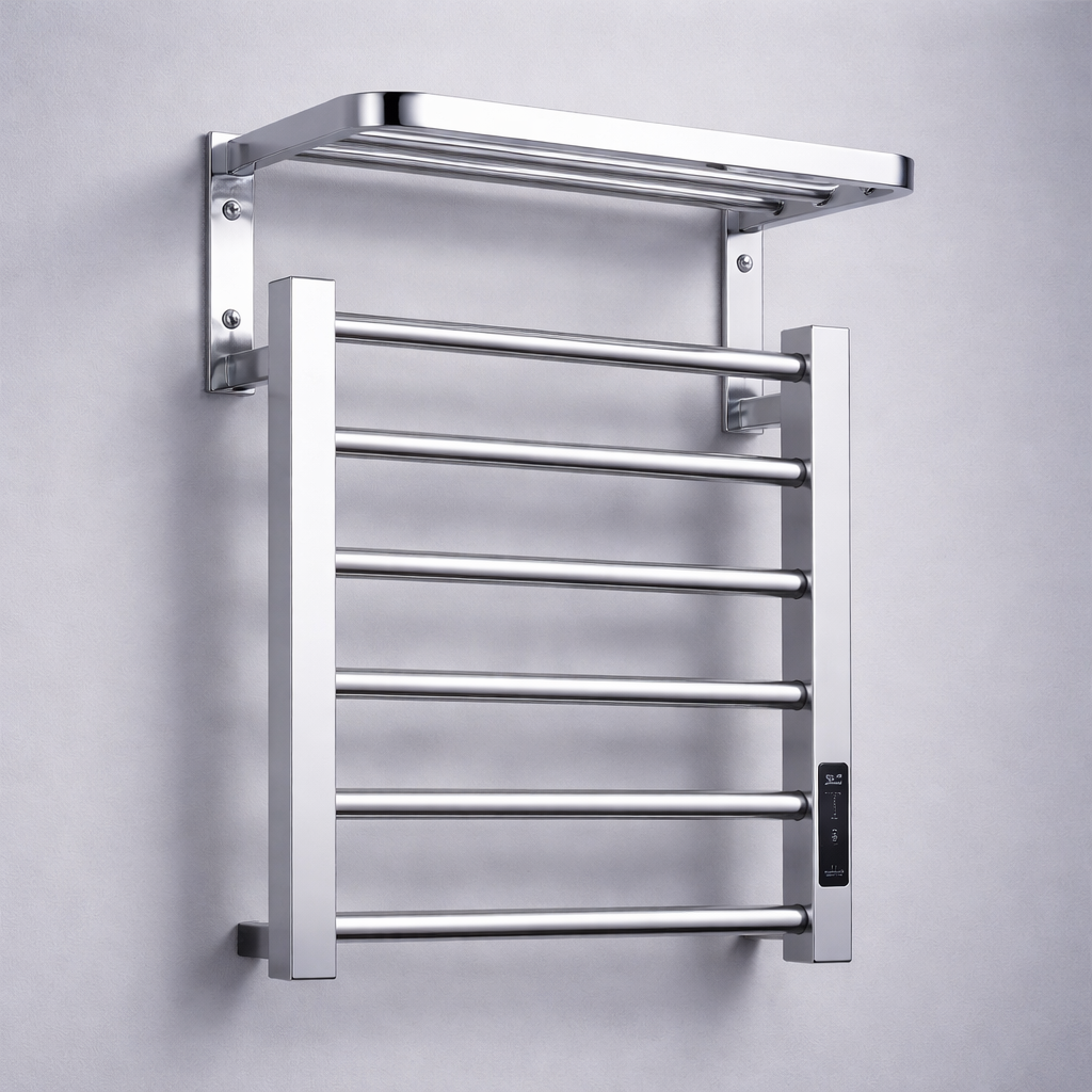 MAX Faucets Wall-Mounted Electric Towel Warmer Rack with Shelf – Modern Heated Bathroom Organizer (Chrome)