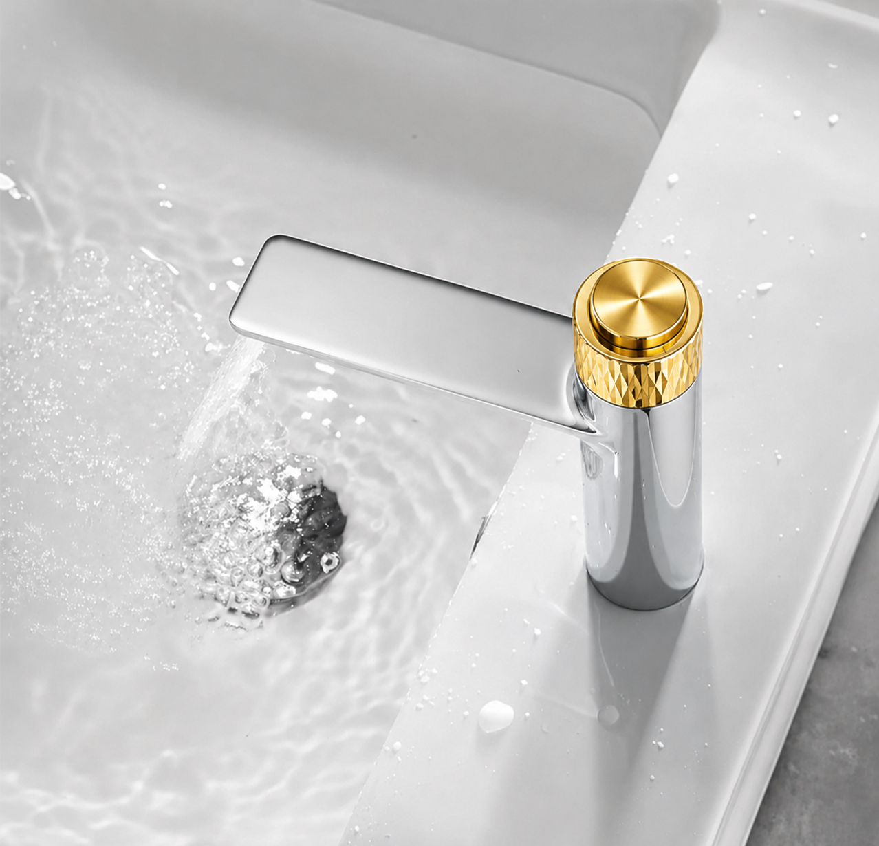 Push-Button Bathroom Faucet – Chrome Body with Shiny Gold Knob