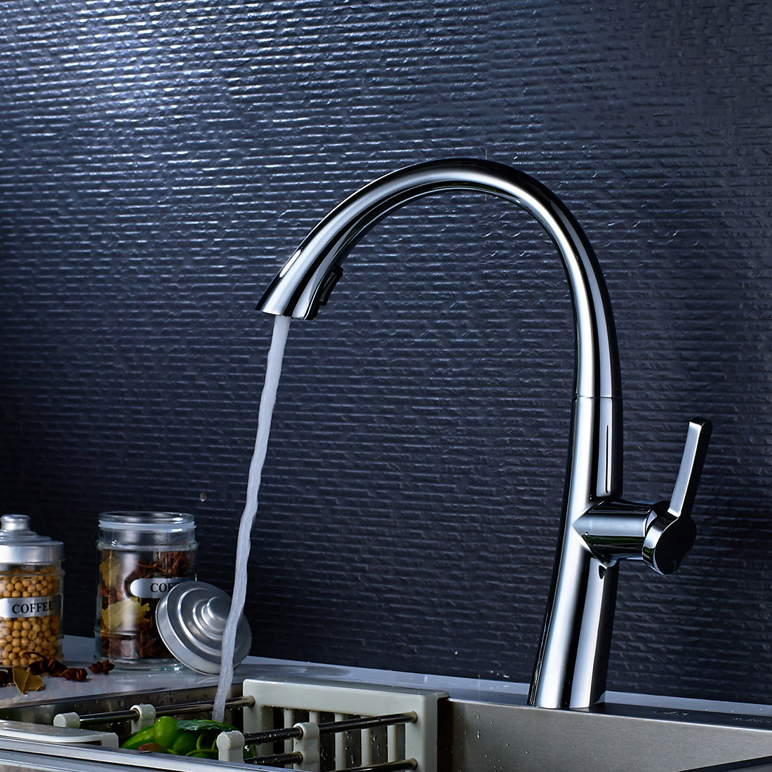 Side view of MAX Faucets chrome high-arc gooseneck kitchen faucet