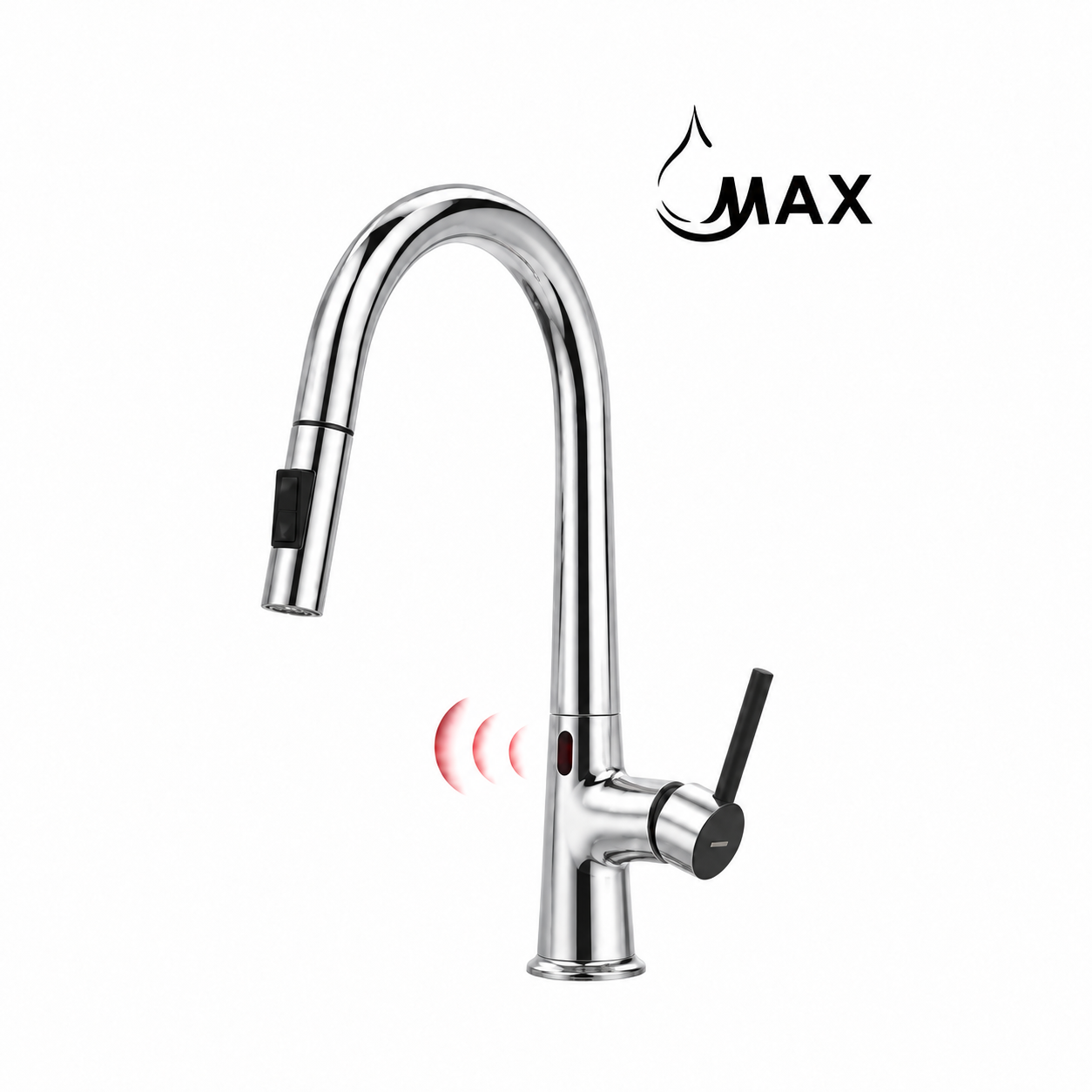 A modern chrome pull-down kitchen faucet with a black handle and a black sensor strip on the spout, shown on a white background with a black 'MAX' logo and red sound wave graphic.
