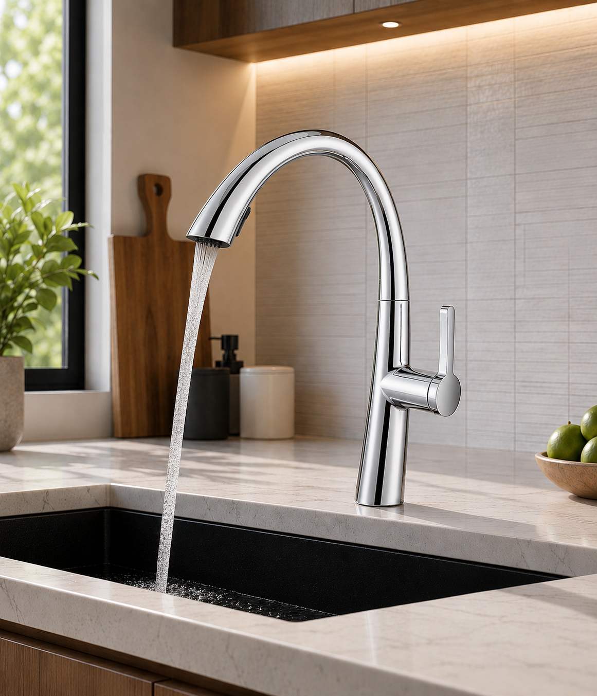 MAX Faucets chrome kitchen faucet displaying stream water flow mode