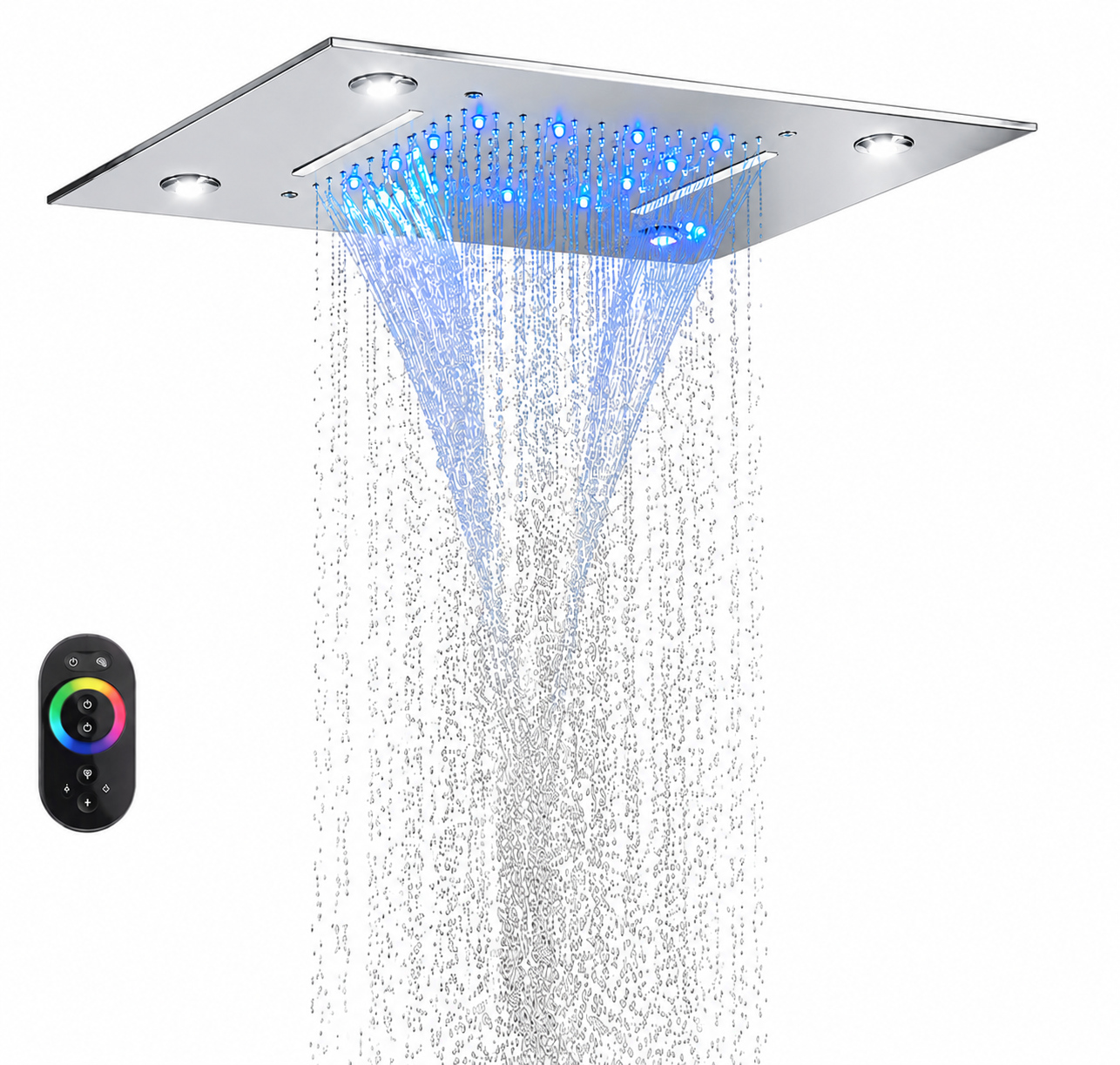 LED shower head with colorful water display and remote control on a white background