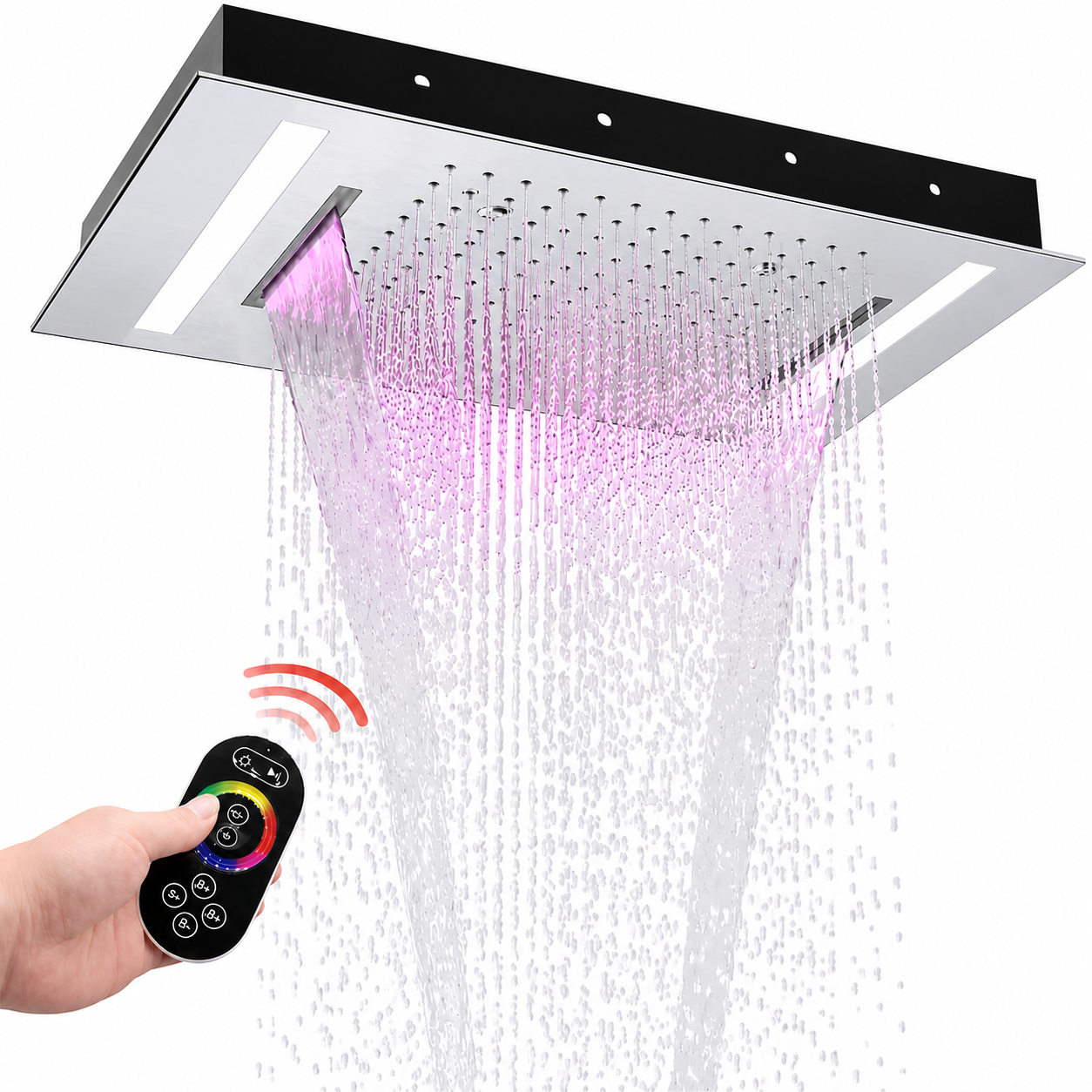 20 x 14 inch chrome LED ceiling-mounted shower head with rainfall waterfall and mist functions