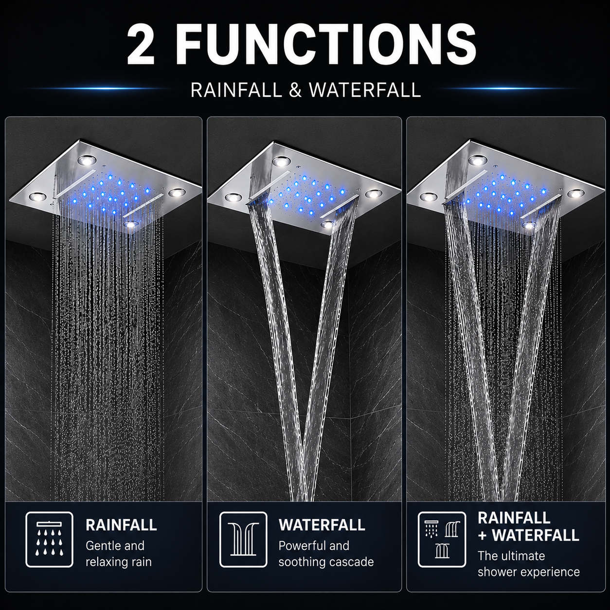 Three shower heads showing rainfall, waterfall, and combined rainfall and waterfall functions on a dark background.