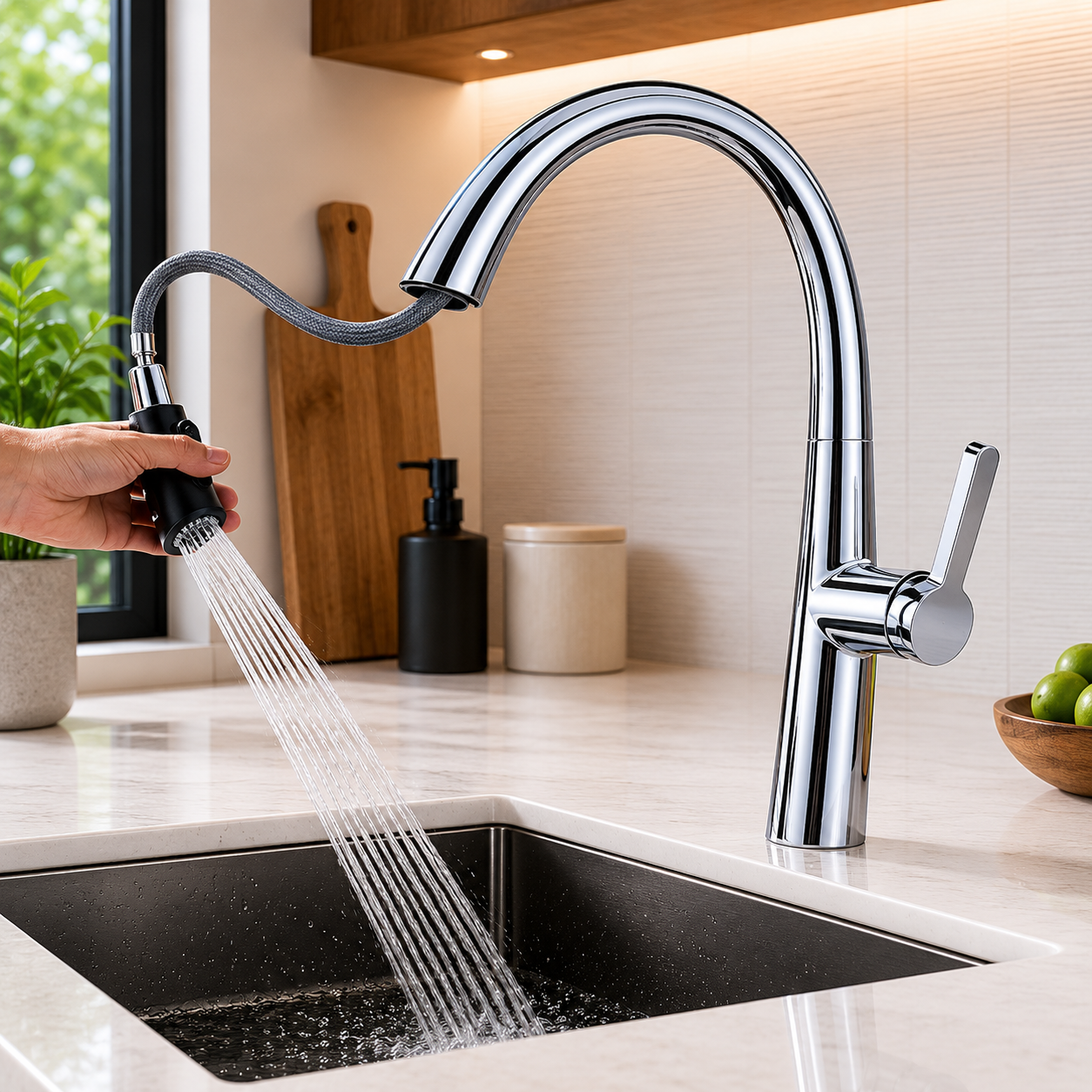 Retractable pull-out hose on chrome kitchen faucet