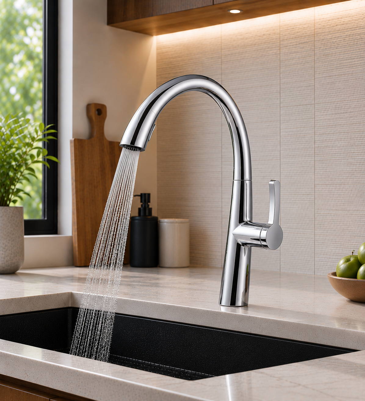 Chrome kitchen faucet showing pull-out spray function