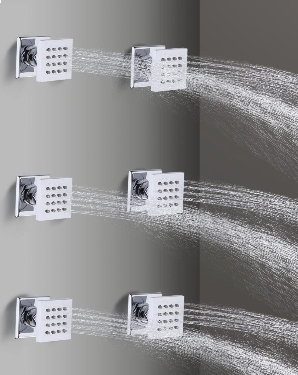 Chrome shower system featuring 6 body jets for full body massage coverage