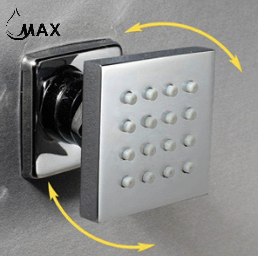 Chrome shower system featuring body jets for full body massage coverage