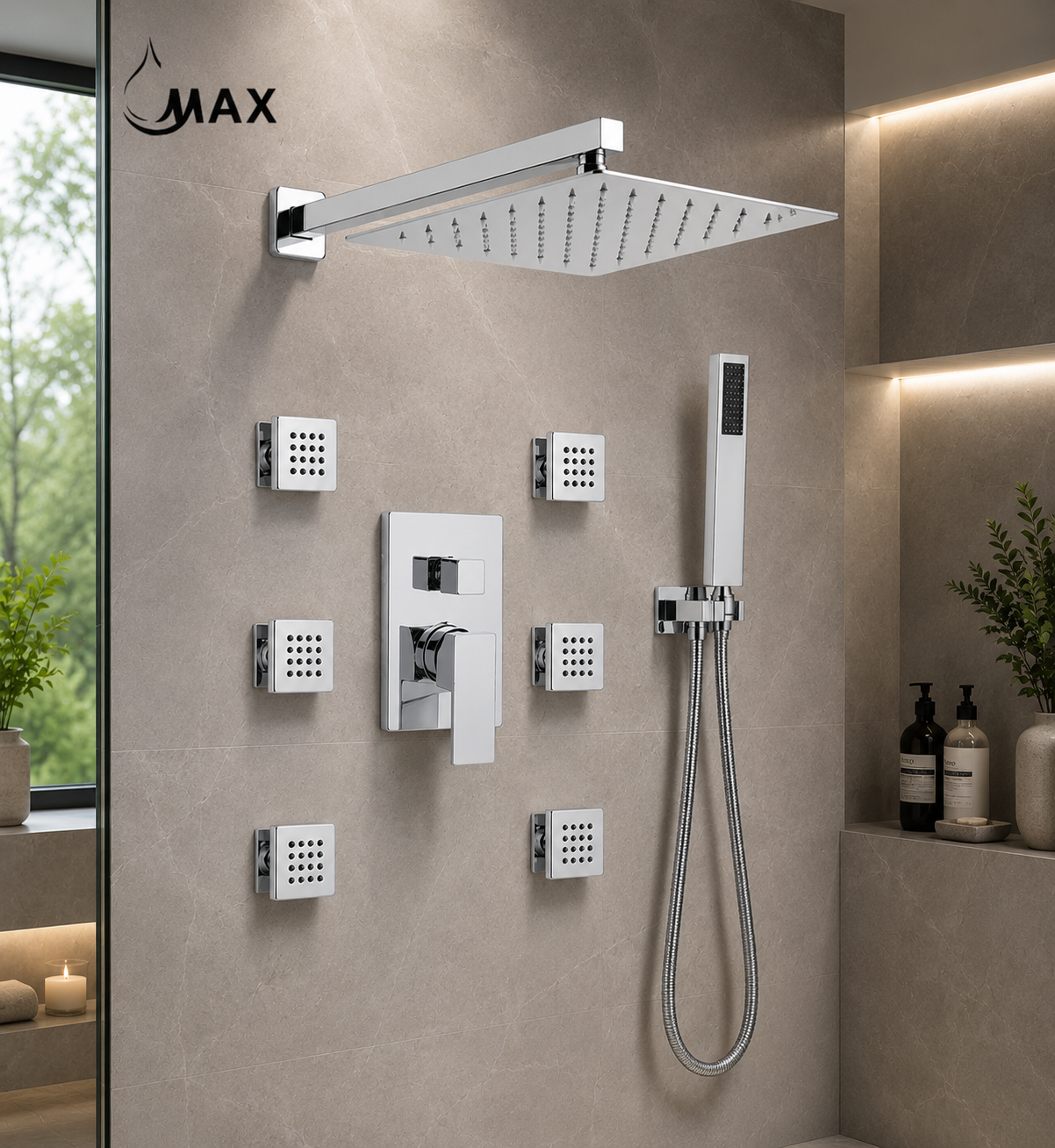 Chrome shower system mounted on a tiled wall with MAX branding.