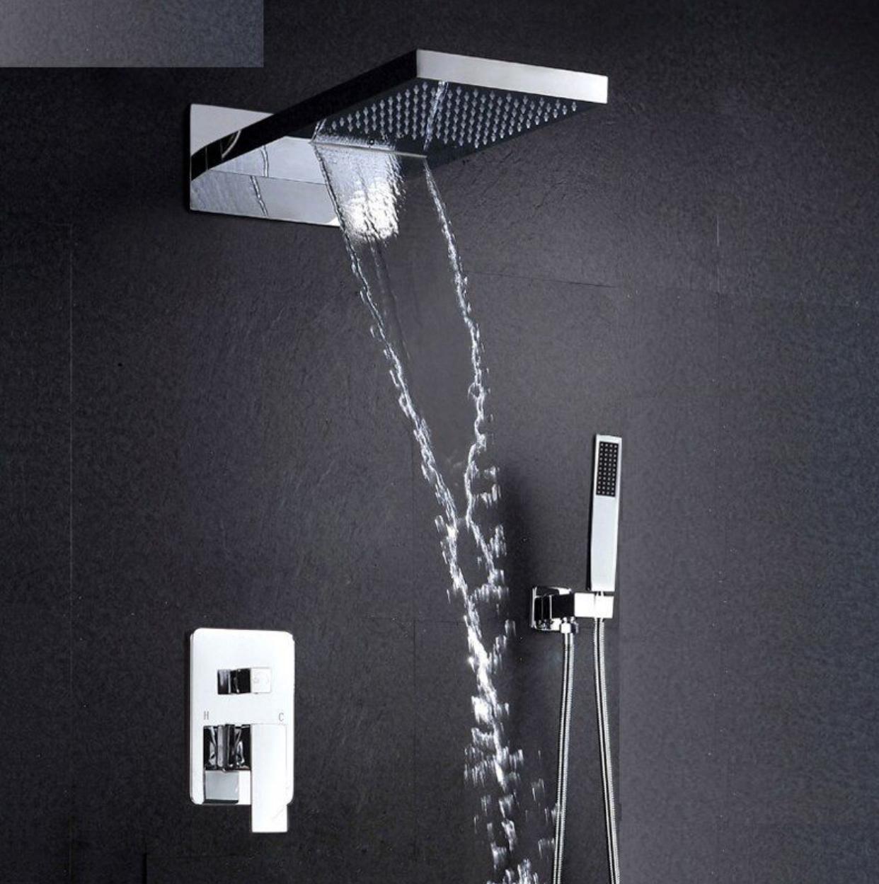 Installed chrome shower system with waterfall and rainfall shower functions