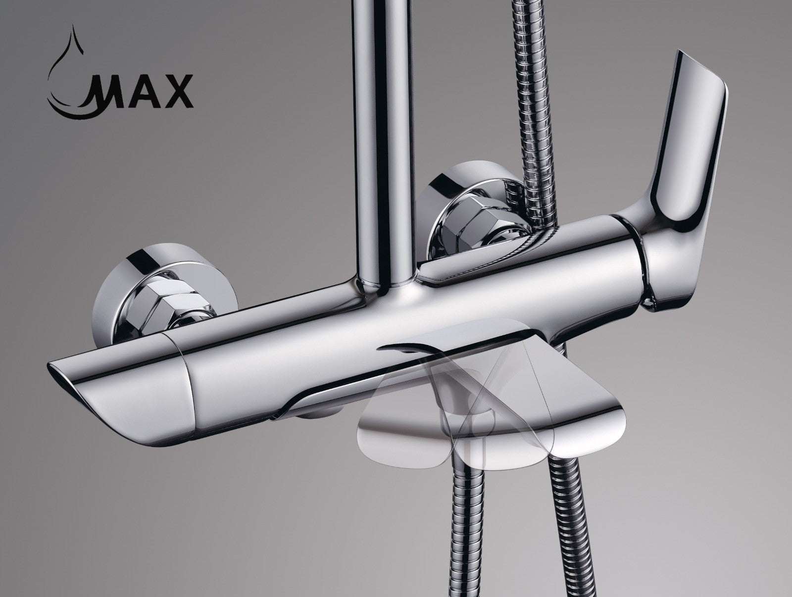 Chrome tub rain shower system with swinging spout by MAX Faucets Canada