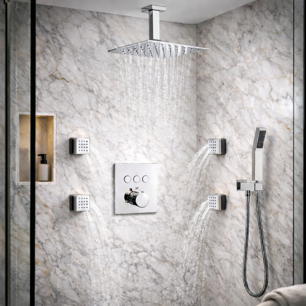 MAX Faucets chrome thermostatic ceiling shower system with 4 body jets, handheld shower and rainfall shower head