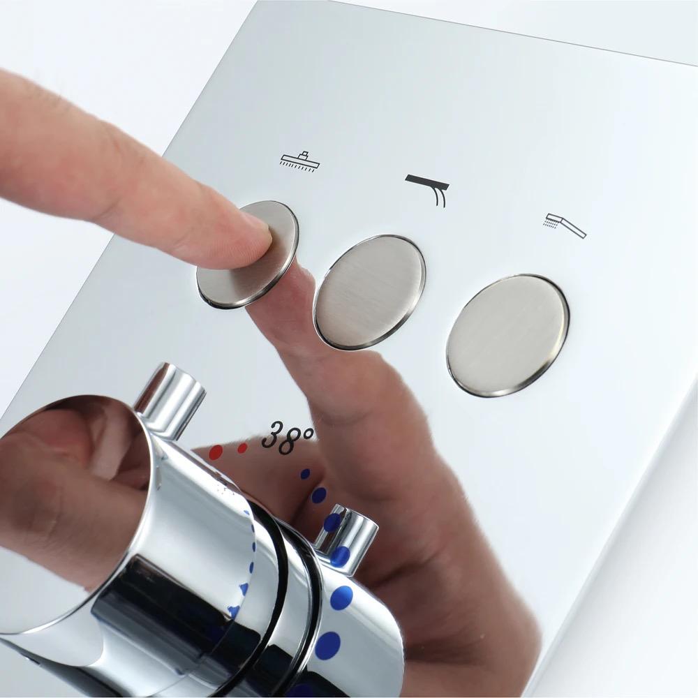 Chrome thermostatic shower valve with temperature control and function selector