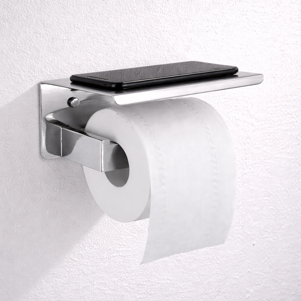 Chrome stainless steel toilet paper holder with shelf, wall-mounted bathroom tissue holder by MAX Faucets