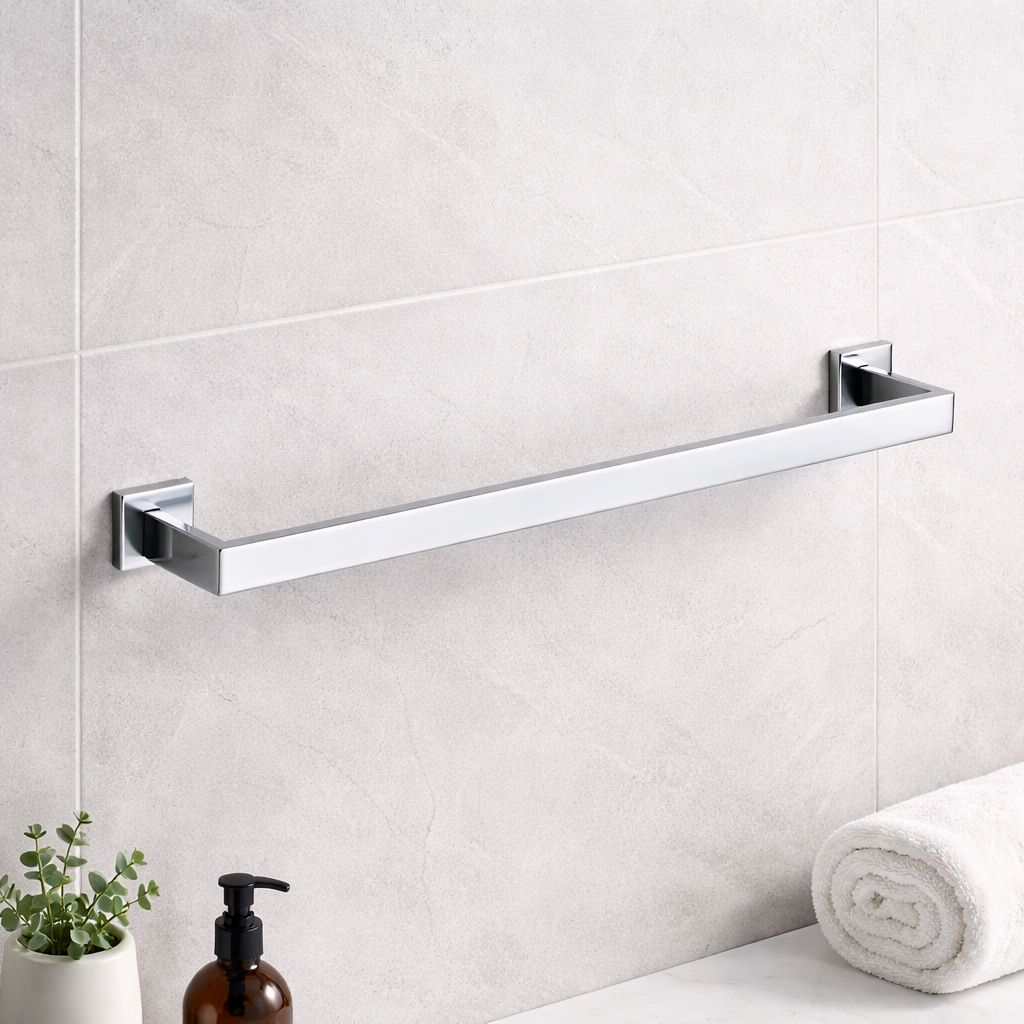 Chrome stainless steel towel bar, 60cm wall-mounted bathroom towel rack by MAX Faucets with folded towel