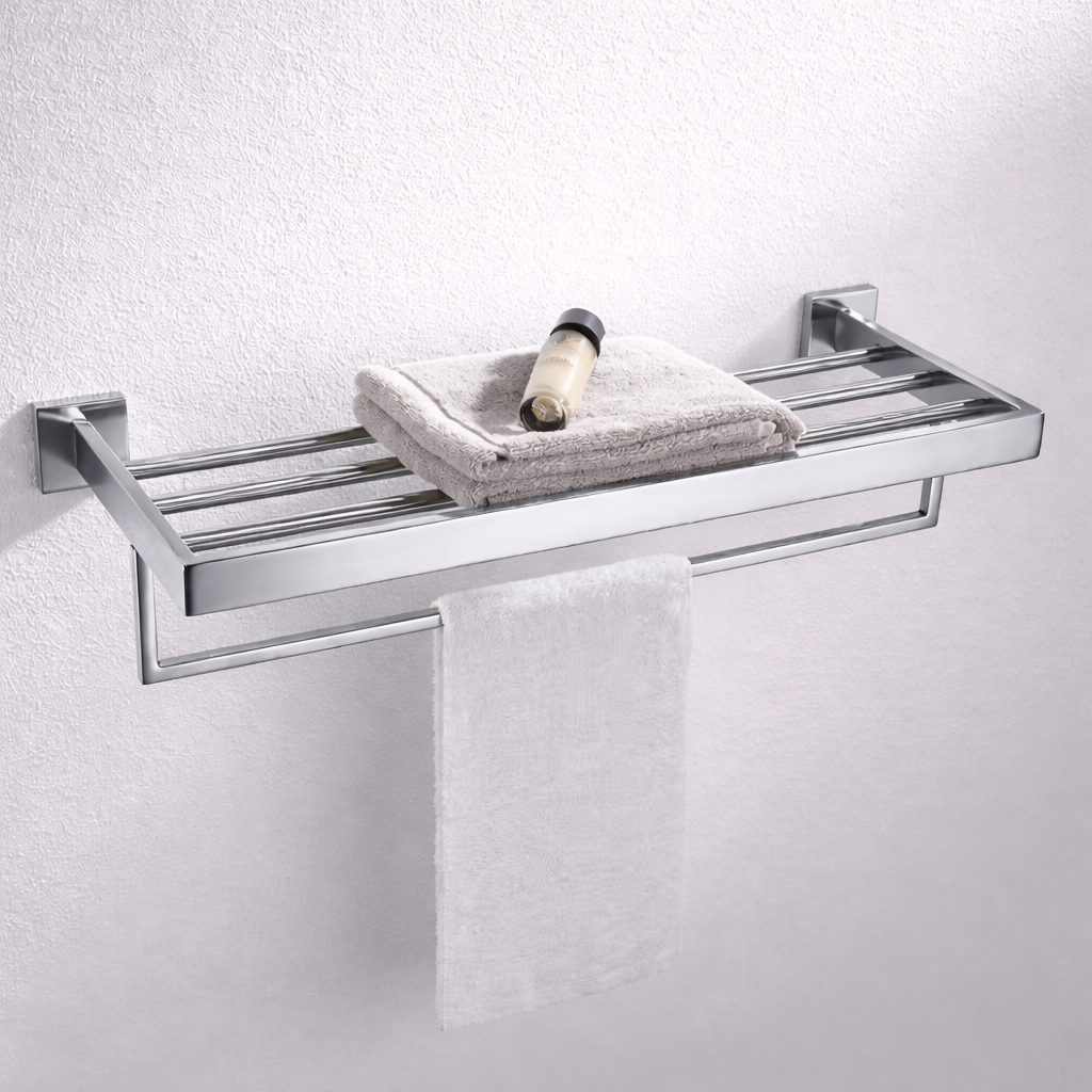 Chrome stainless steel towel shelf with bar, 60cm wall-mounted bathroom rack by MAX Faucets with folded towels