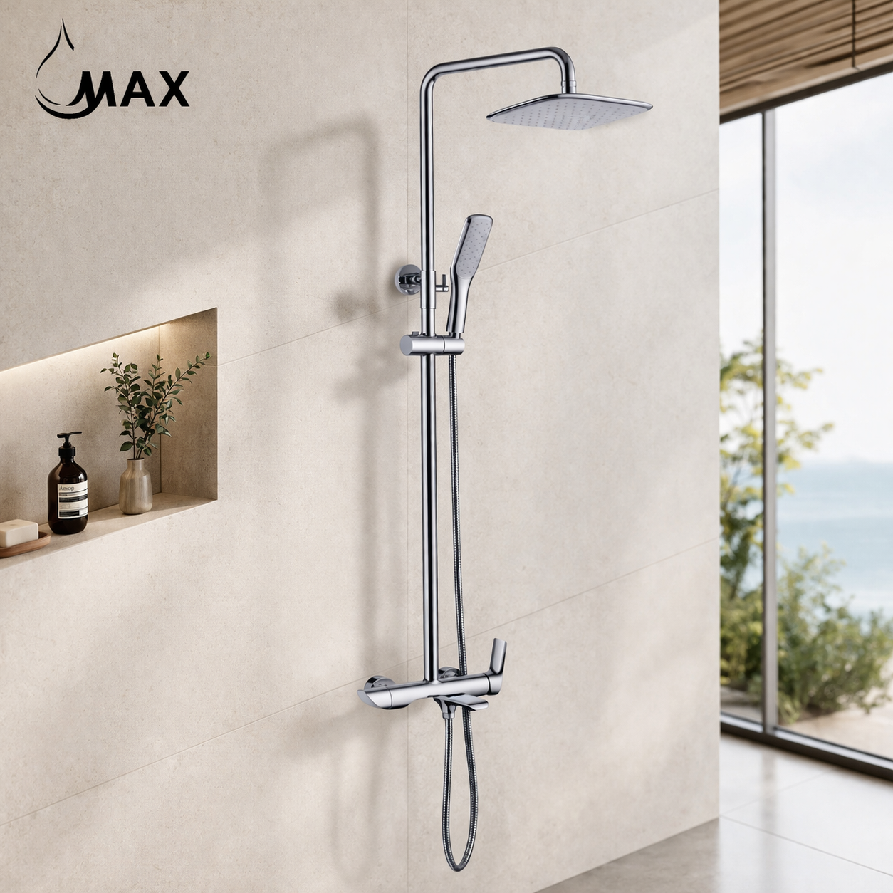 Chrome tub rain shower system with swinging spout by MAX Faucets Canada