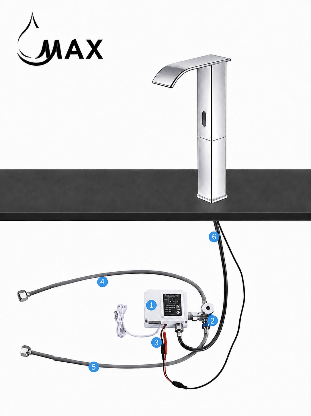 A tall modern chrome faucet shown above a numbered parts diagram below on a white background. The diagram labels the faucet's water supply components, including flexible supply lines, a digital controller, and connectors, with the brand name MAX in the top left corner.