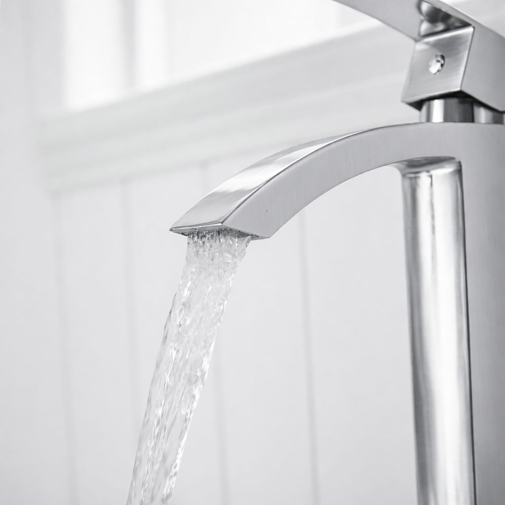 MAX Faucets chrome waterfall bathroom faucet installed in a modern bathroom