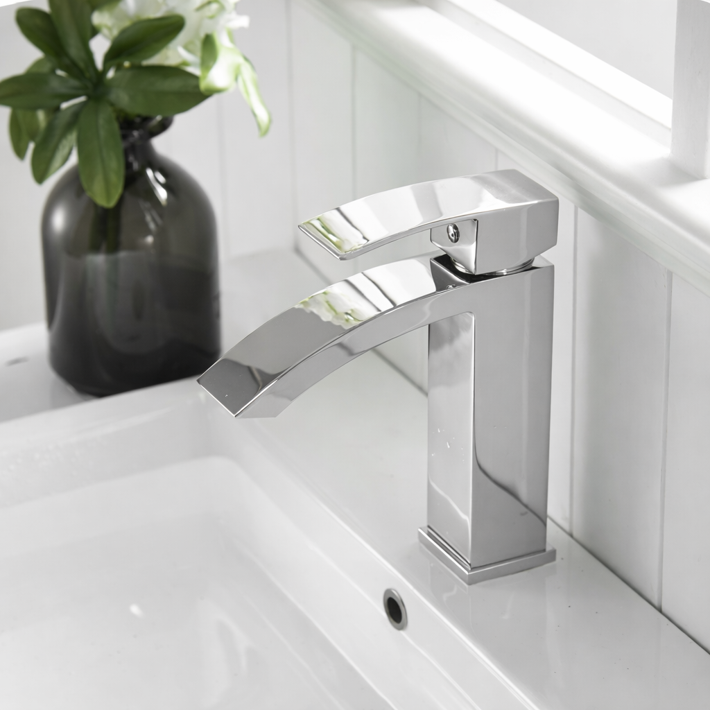 Waterfall water flow from MAX Faucets chrome bathroom faucet
