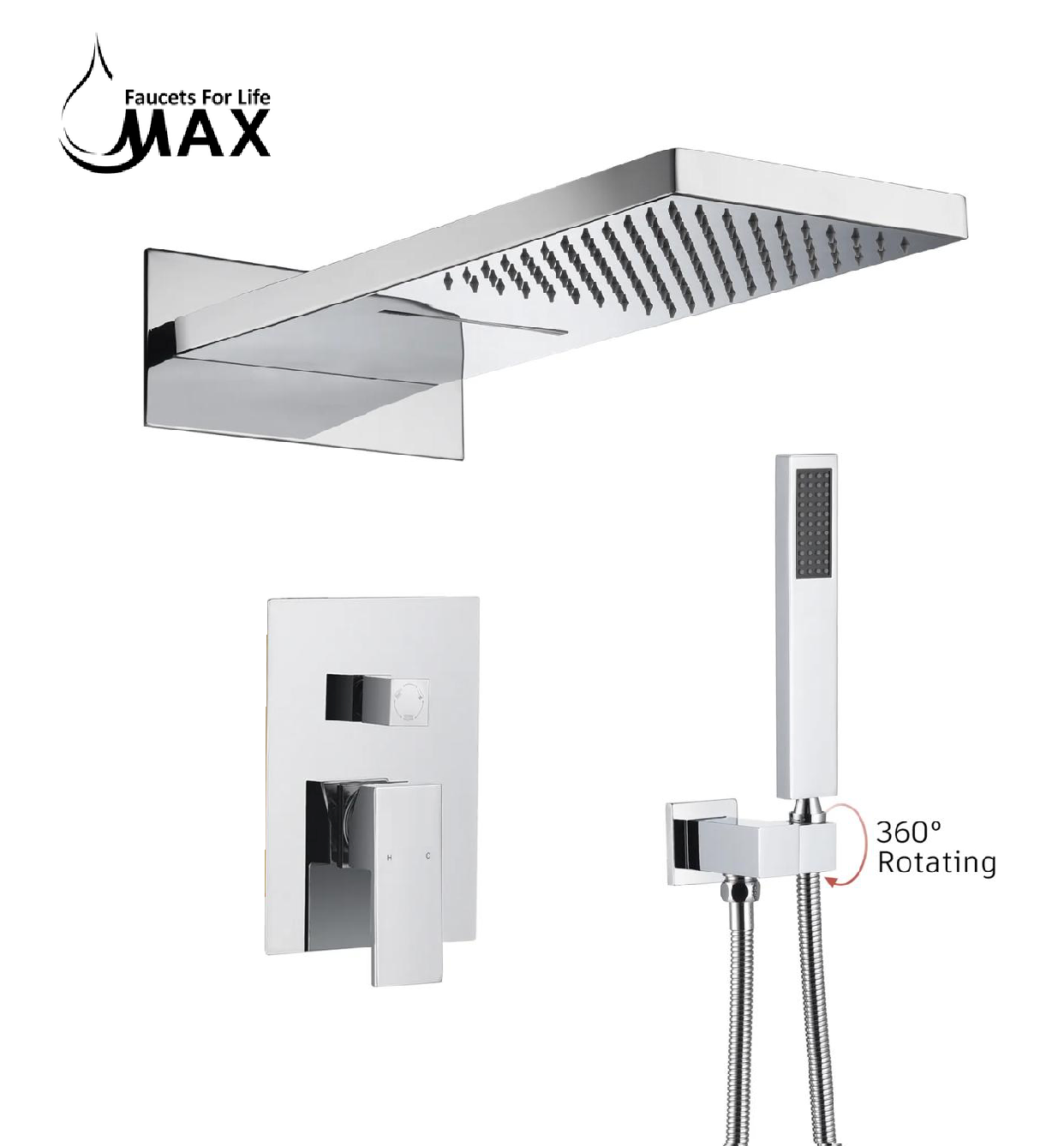 Chrome waterfall and rainfall shower system with handheld and 3 functions