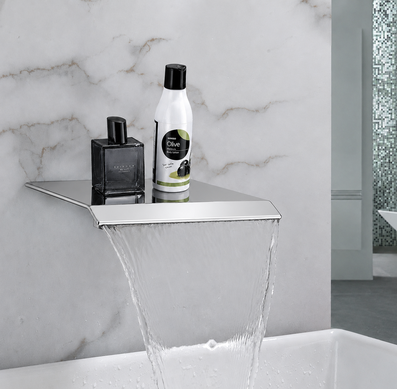Bathroom setting with a water faucet and products on a marble surface