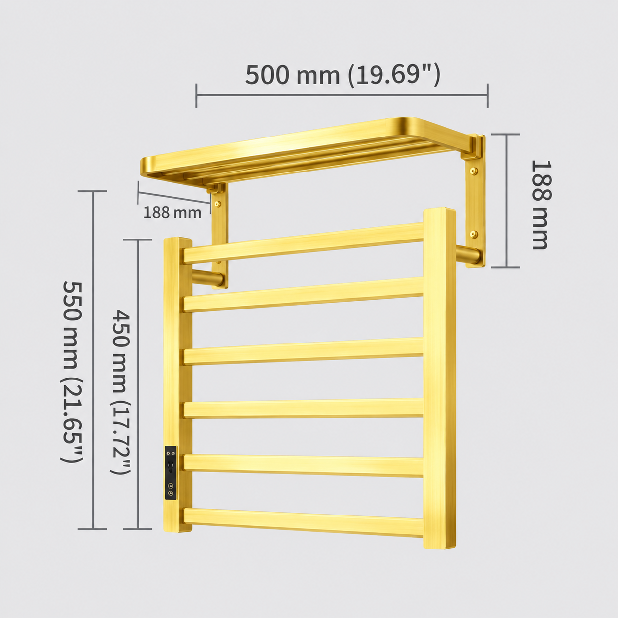 Gold towel rack with dimension annotations showing 500 mm width, 188 mm height, 450 mm height, and 550 mm overall height on a light gray background.